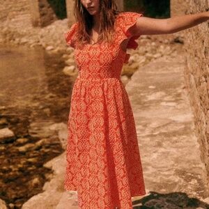 Sezane Melville Dress in Ecru on Coral